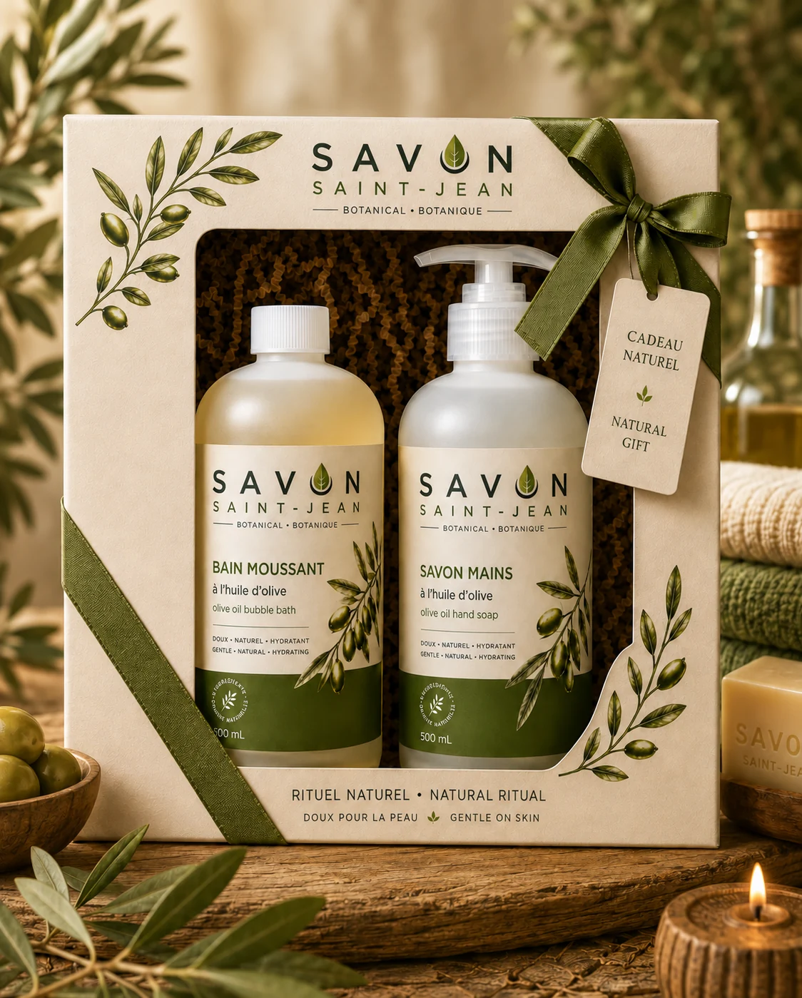 Coffret Savon Saint-Jean contenant un savon pour les mains et un bain moussant à l’huile d’olive