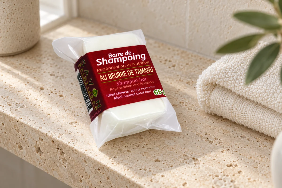 Shampoing solide Savon Saint-Jean au beurre de Tamanu, dans son emballage